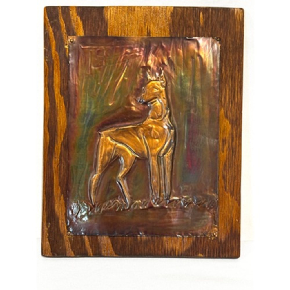 Vintage 10" Doberman dog‎ Handcrafted Copper Engraved on Wood Mid Century Art 70